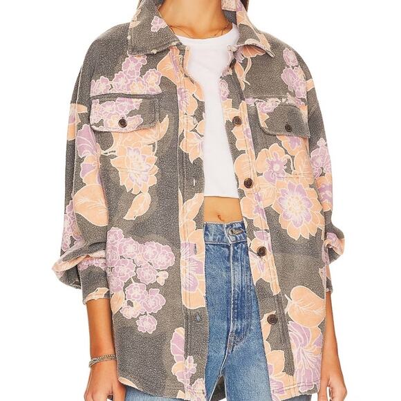 Free People Women's Charcoal Combo Floral Ruby Shirt Jacket Size Medium NEW - Picture 2 of 4